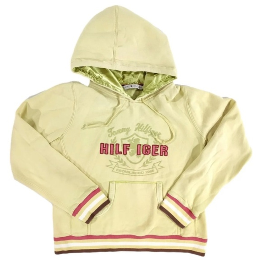 Womens Med Tommy Hilfiger  “80’s” Yellow Velvet LOGO Kangaroo Pocket Pre…